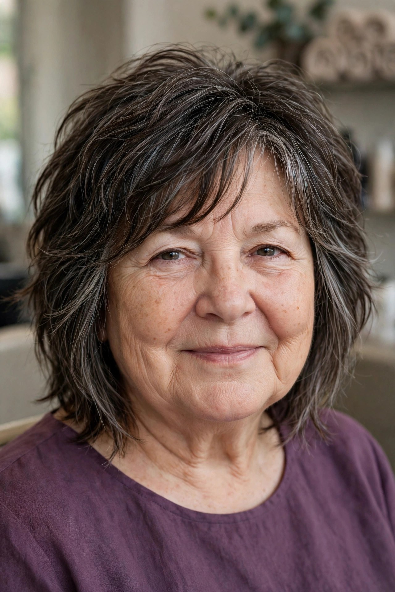 Textured Layered Bob with Long Face-Framing Layers - layered bob for round face woman over 60