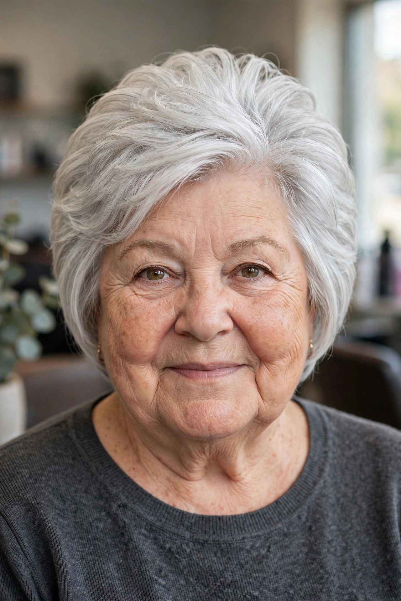 Silver Layered Bob with Stacked Crown Layers - layered bob for round face woman over 60
