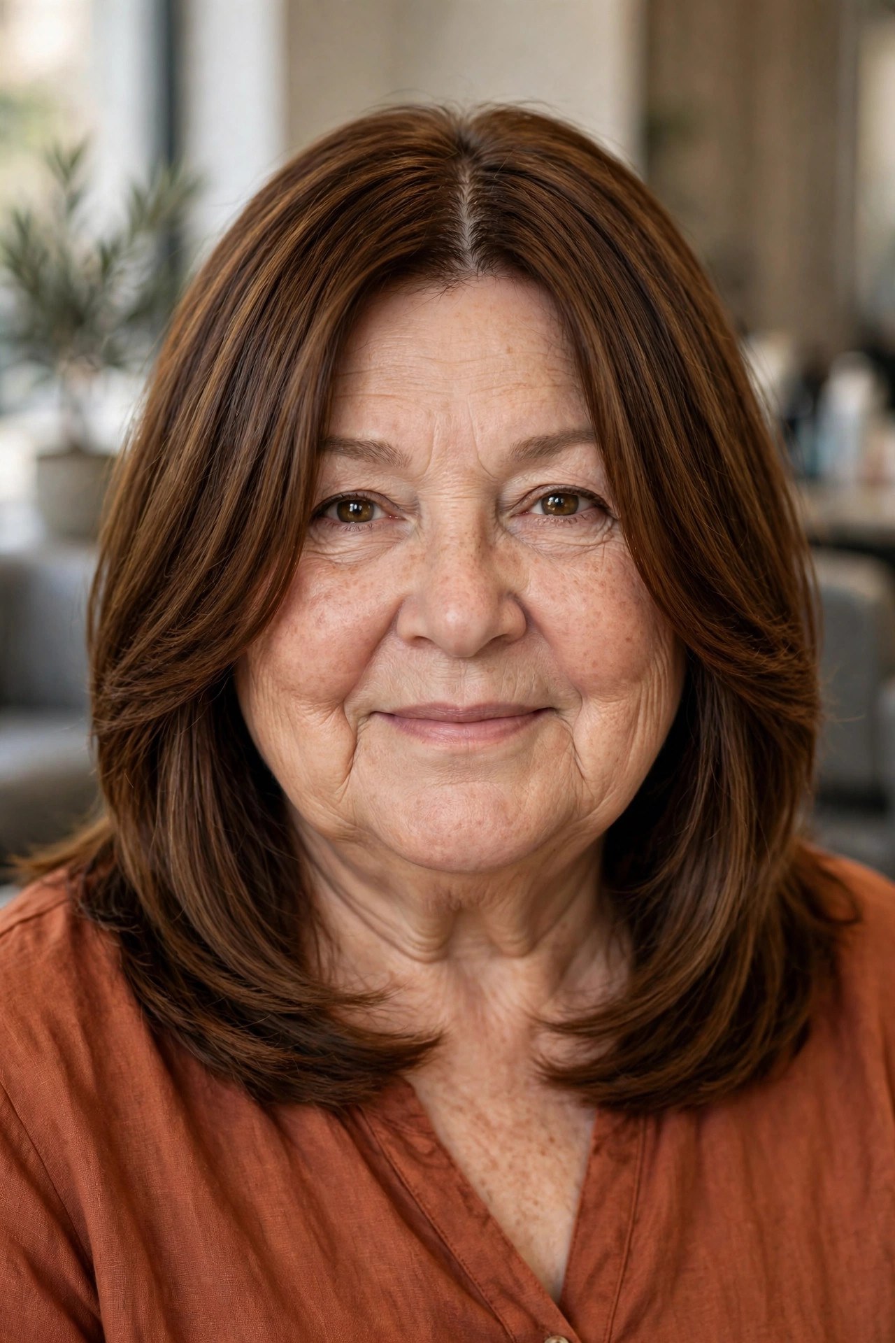 Layered Lob with Curtain Bangs - layered bob for round face woman over 60
