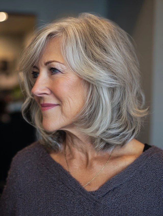 Airy Wavy Bob With a Deep Side Part — layered bob on thick wavy hair on a woman over 70