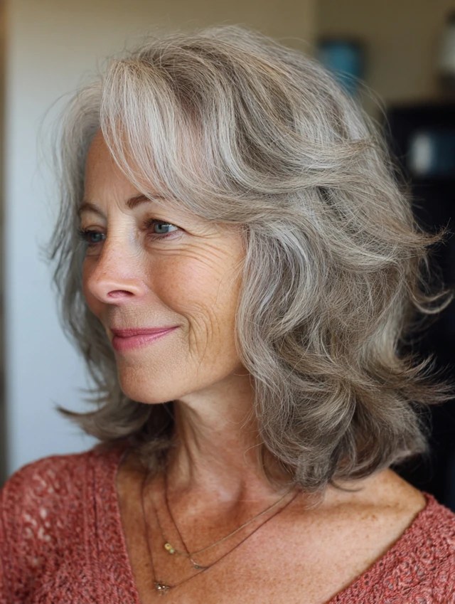 The Shoulder-Skimming Wavy Lob — layered bob on thick wavy hair on a woman over 70