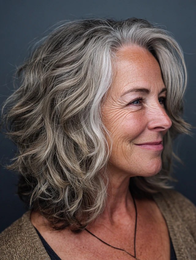 Dark Silver Wavy Bob in Profile — layered bob on thick wavy hair on a woman over 70