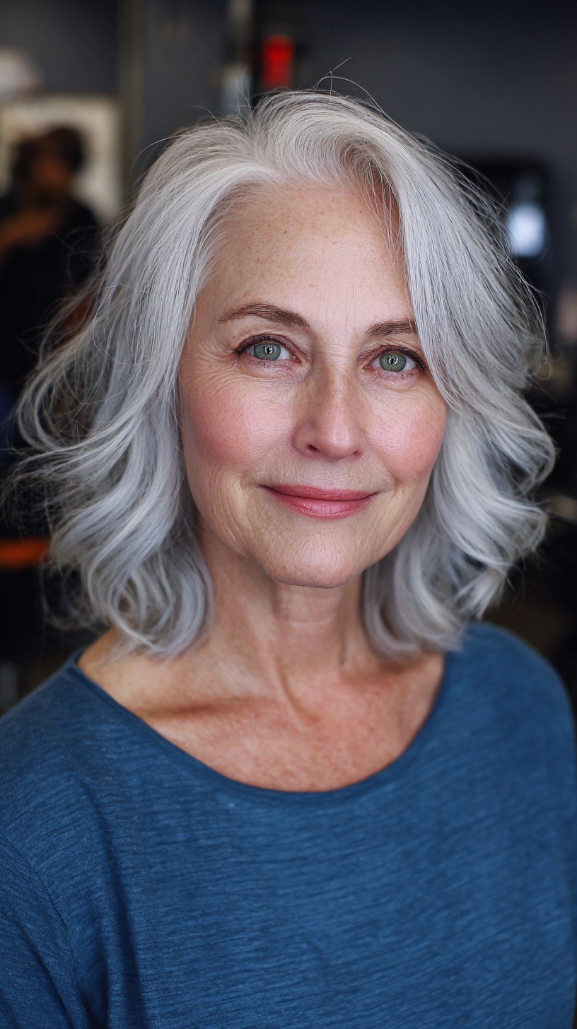 Relaxed Waves, Medium Bob Length — layered bob on thick wavy hair on a woman over 70