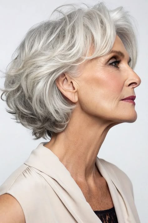 White Wavy Bob With a Lifted Crown — layered bob on thick wavy hair on a woman over 70