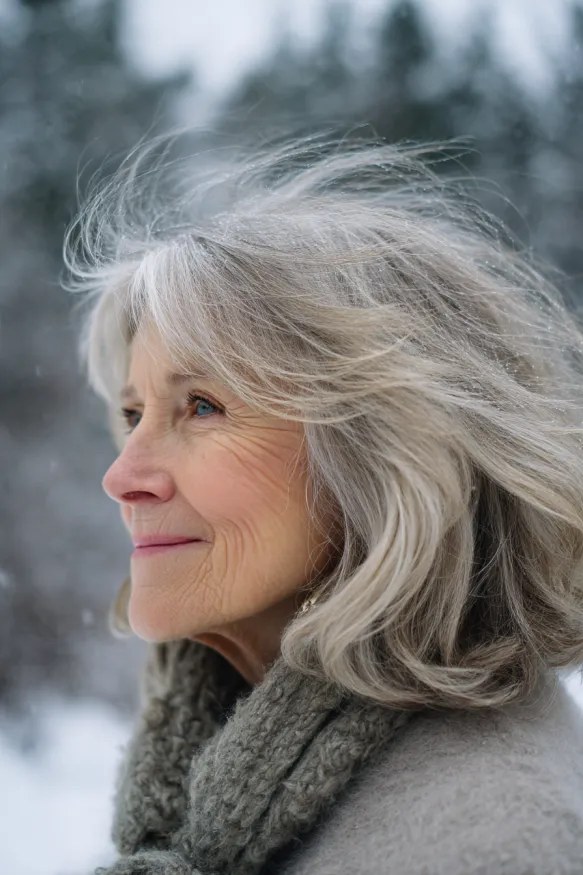 Soft Silver Waves at Jaw Length — layered bob on thick wavy hair on a woman over 70
