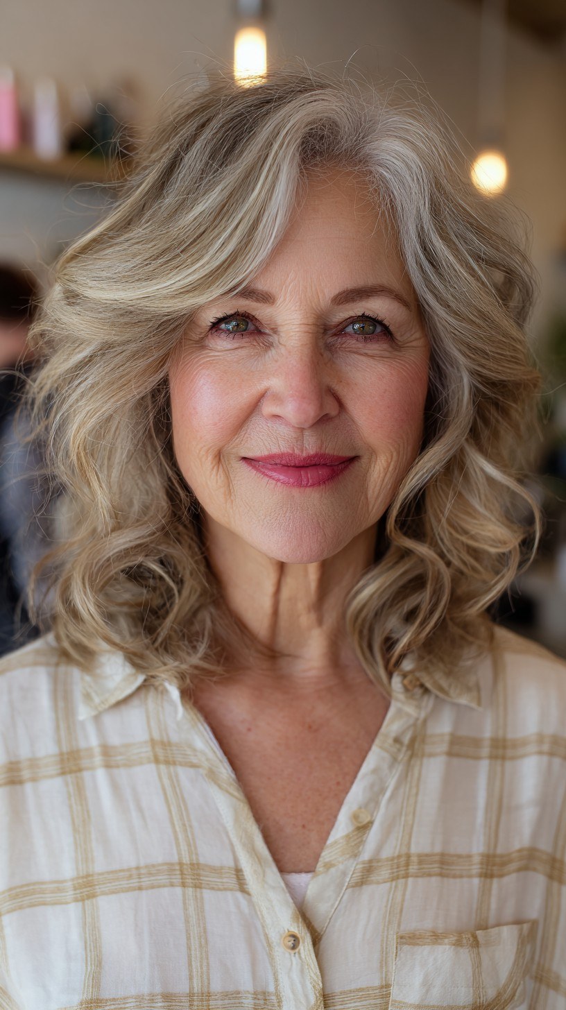 Salon Wavy Bob With Face-Framing Pieces — layered bob on thick wavy hair on a woman over 70