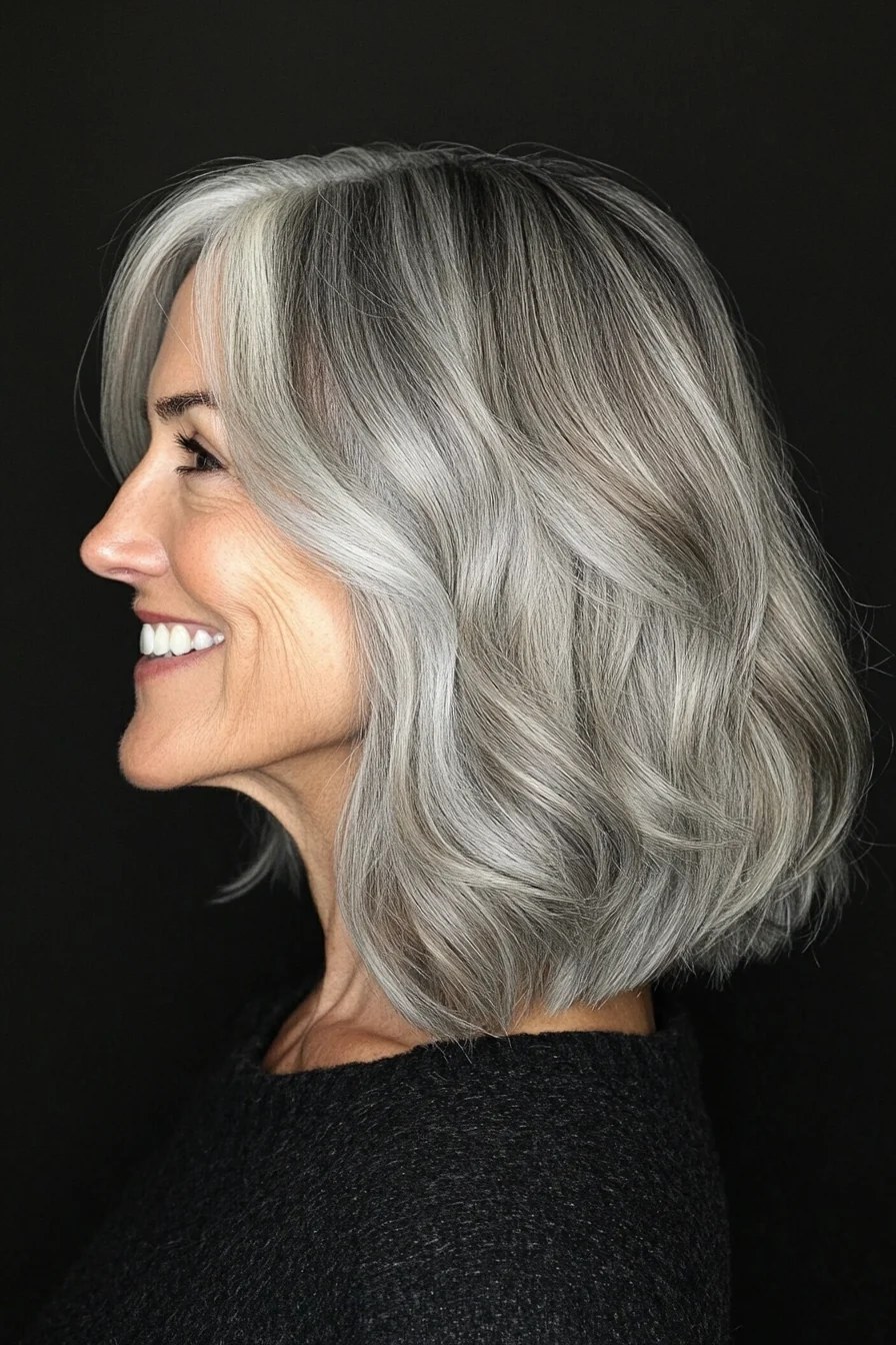 The Smiling Side-Part Wavy Bob — layered bob on thick wavy hair on a woman over 70
