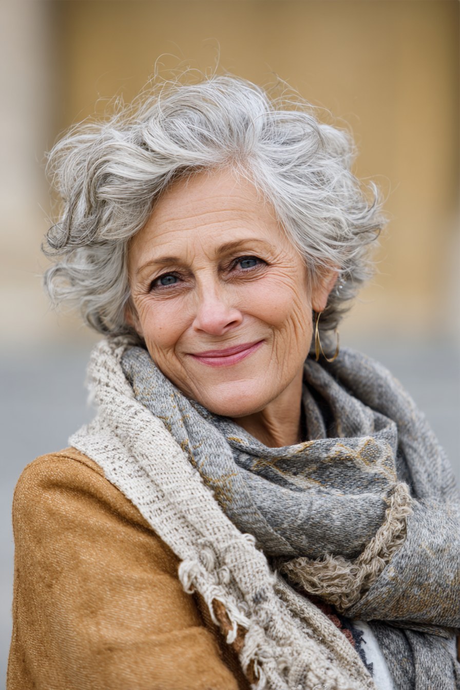 Wavy Bob With a Cozy Side Sweep — layered bob on thick wavy hair on a woman over 70