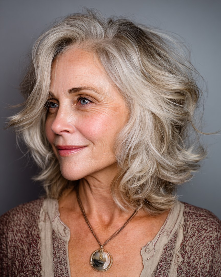 Longer Layered Bob With Loose Waves — layered bob on thick wavy hair on a woman over 70