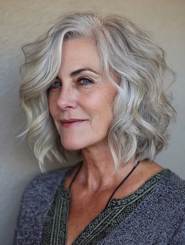 Defined Waves, Debulked Underneath — layered bob on thick wavy hair on a woman over 70