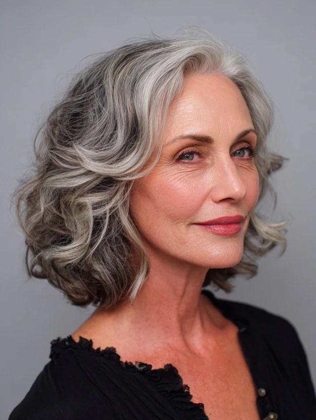 Salt-and-Pepper Wavy Bob — layered bob on thick wavy hair on a woman over 70