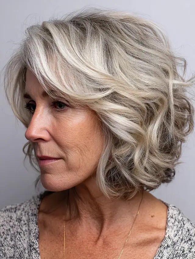 The Layered Wavy Bob in Profile — layered bob on thick wavy hair on a woman over 70