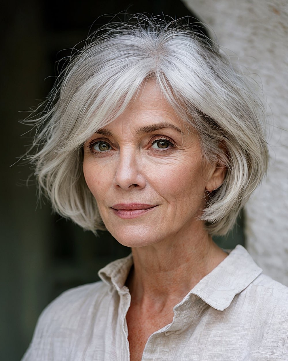 Classic Layered Bob with Crown Lift — layered haircut that adds volume on a woman over 70