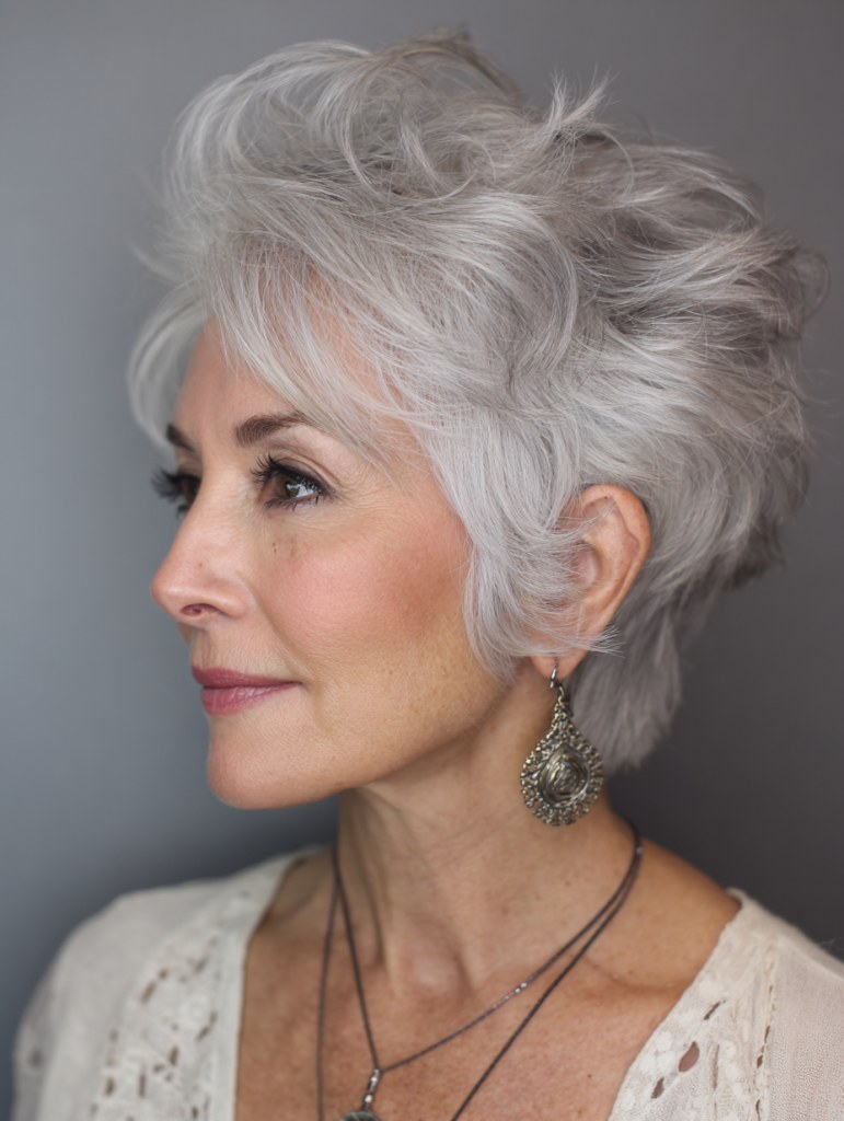 Voluminous Layered Pixie with Height on Top — layered haircut that adds volume on a woman over 70