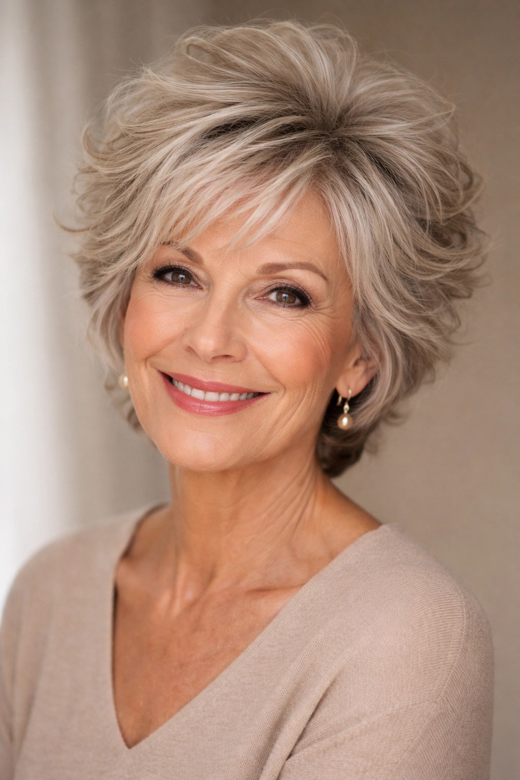 Full Layered Cut with a Rounded Silhouette — layered haircut that adds volume on a woman over 70