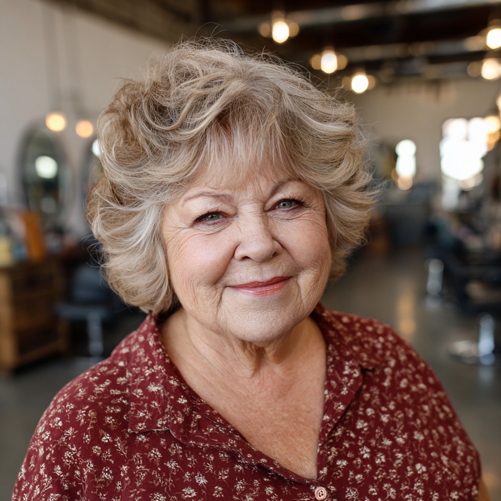 Layered Curls for Round Faces — layered haircut that adds volume on a woman over 70