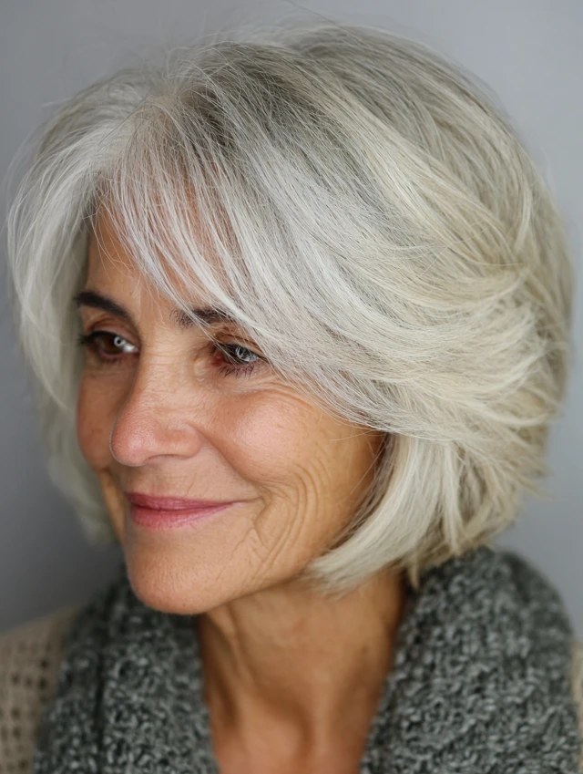 Layered Bob with Face-Framing Pieces — layered haircut that adds volume on a woman over 70