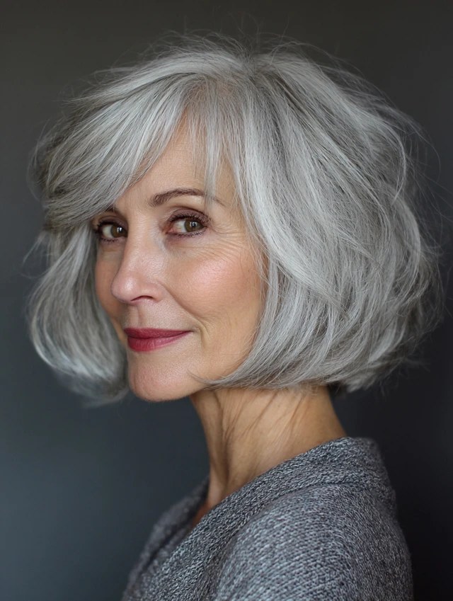 Wavy Layered Bob with Airy Ends — layered haircut that adds volume on a woman over 70