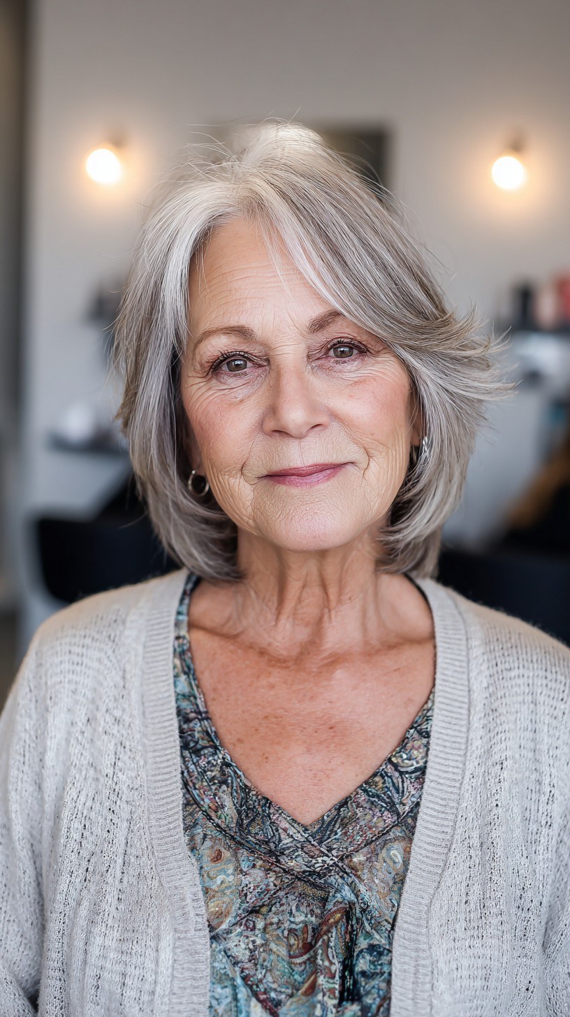 Layered Bob with a Center Part and Lift — layered haircut that adds volume on a woman over 70