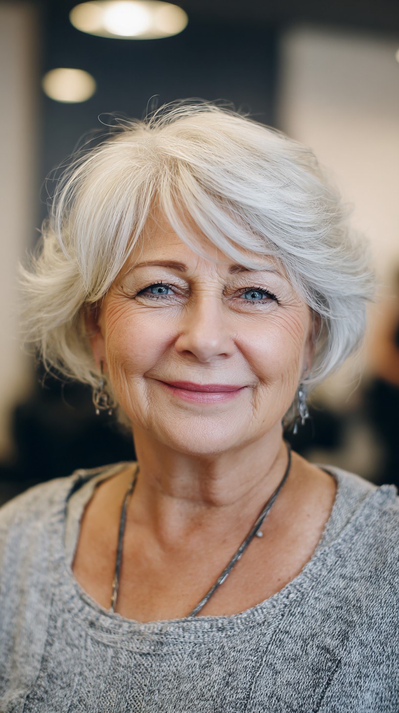 Soft White Layered Bob with Gentle Waves — layered haircut that adds volume on a woman over 70
