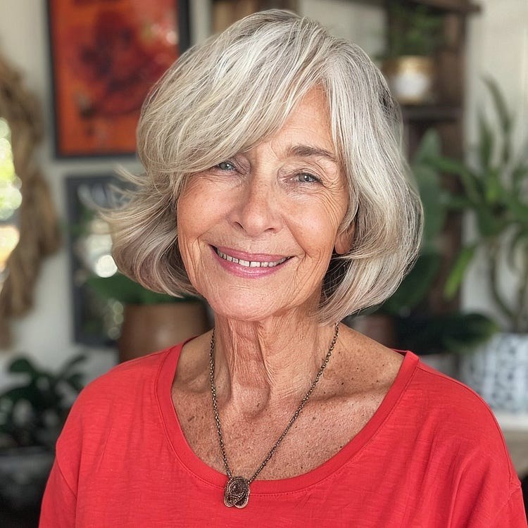 Layered Bob with Curtain Layers — layered haircut that adds volume on a woman over 70