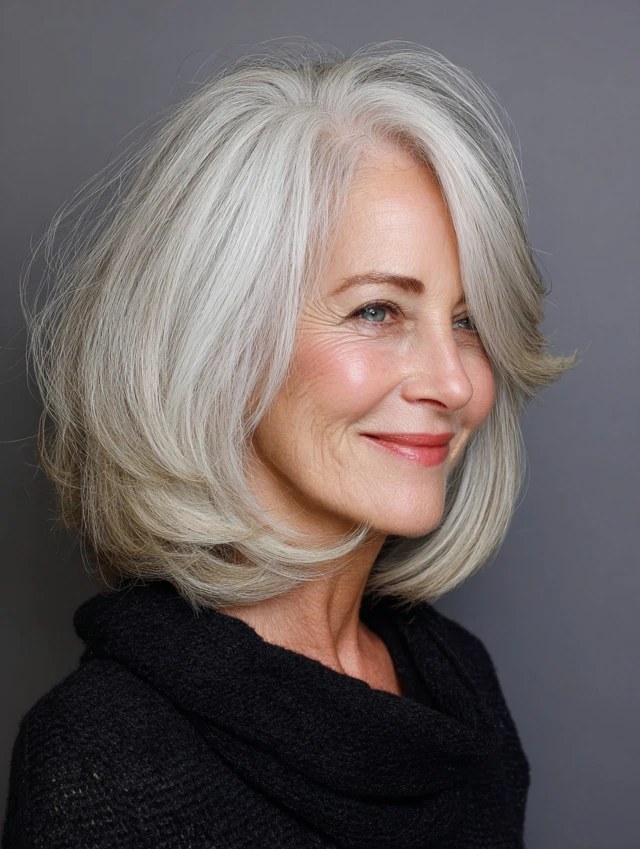 Rounded Layered Bob with Blown-Out Volume — layered haircut that adds volume on a woman over 70