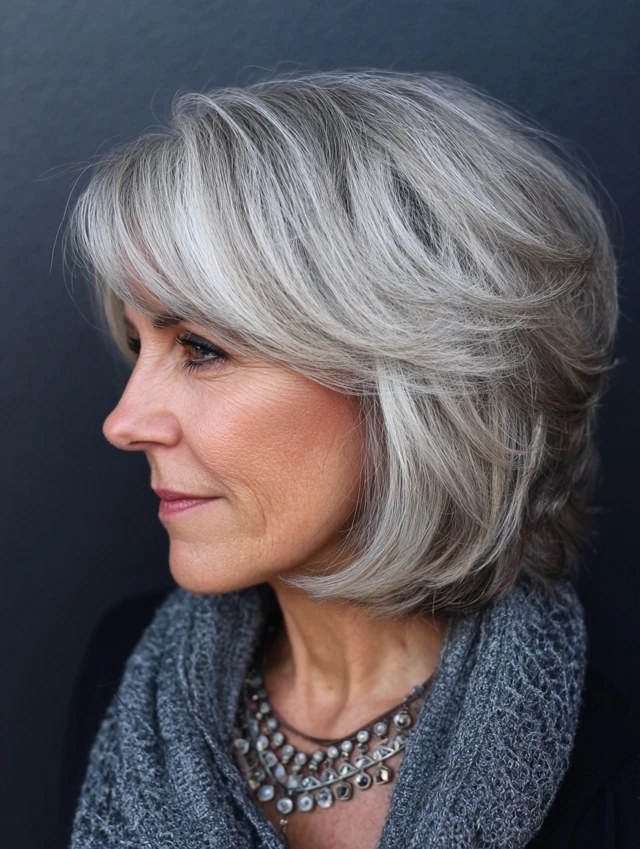 Side-Swept Layered Bob — layered haircut that adds volume on a woman over 70