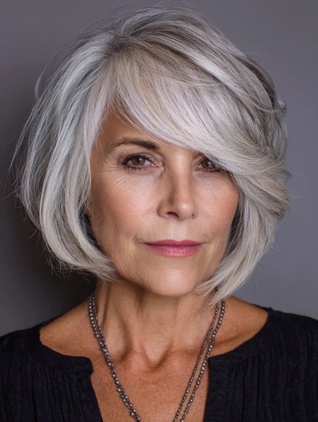 Layered Bob with a Deep Side Part — layered haircut that adds volume on a woman over 70