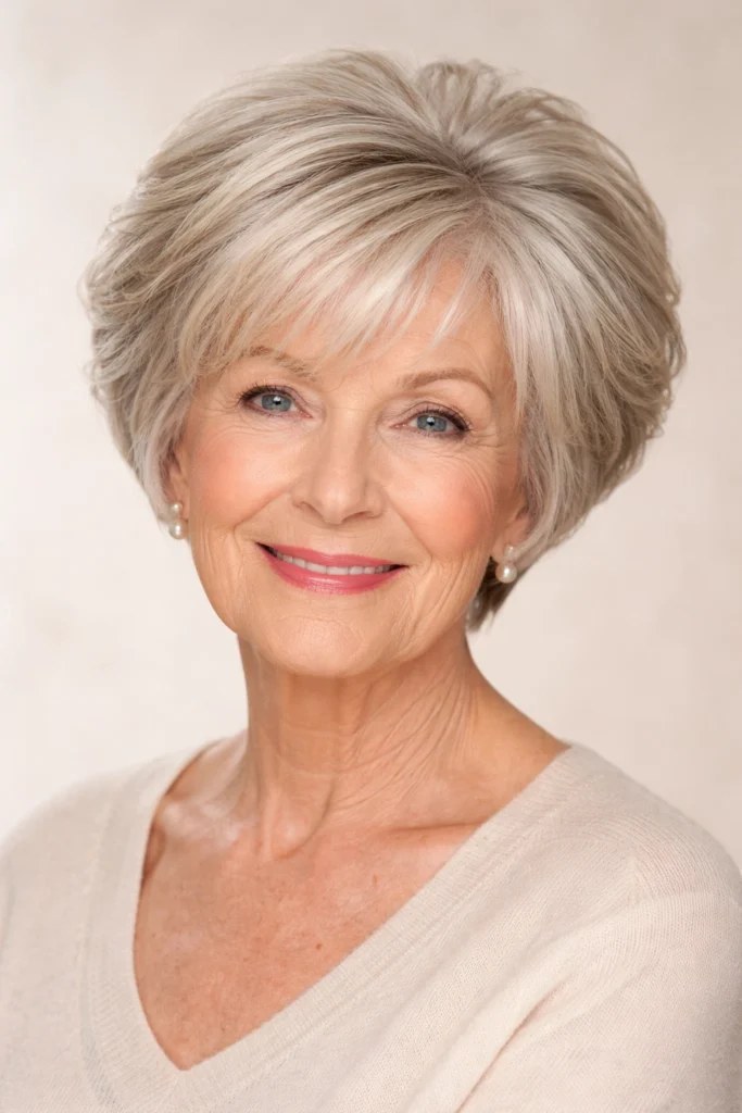 Short Feathered Layers with a Wispy Fringe — layered haircut that adds volume on a woman over 70