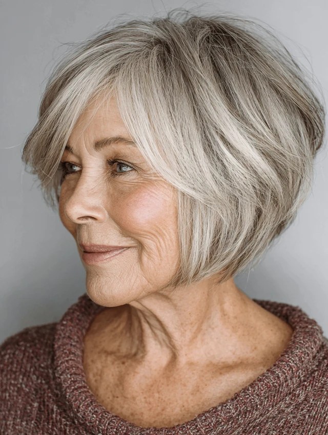 Layered Pixie-Bob with a Long Top — layered haircut that adds volume on a woman over 70