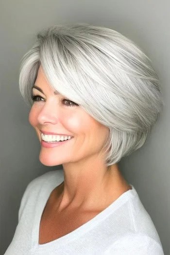 Sleek Layered Bob with Feathered Ends — layered haircut that adds volume on a woman over 70