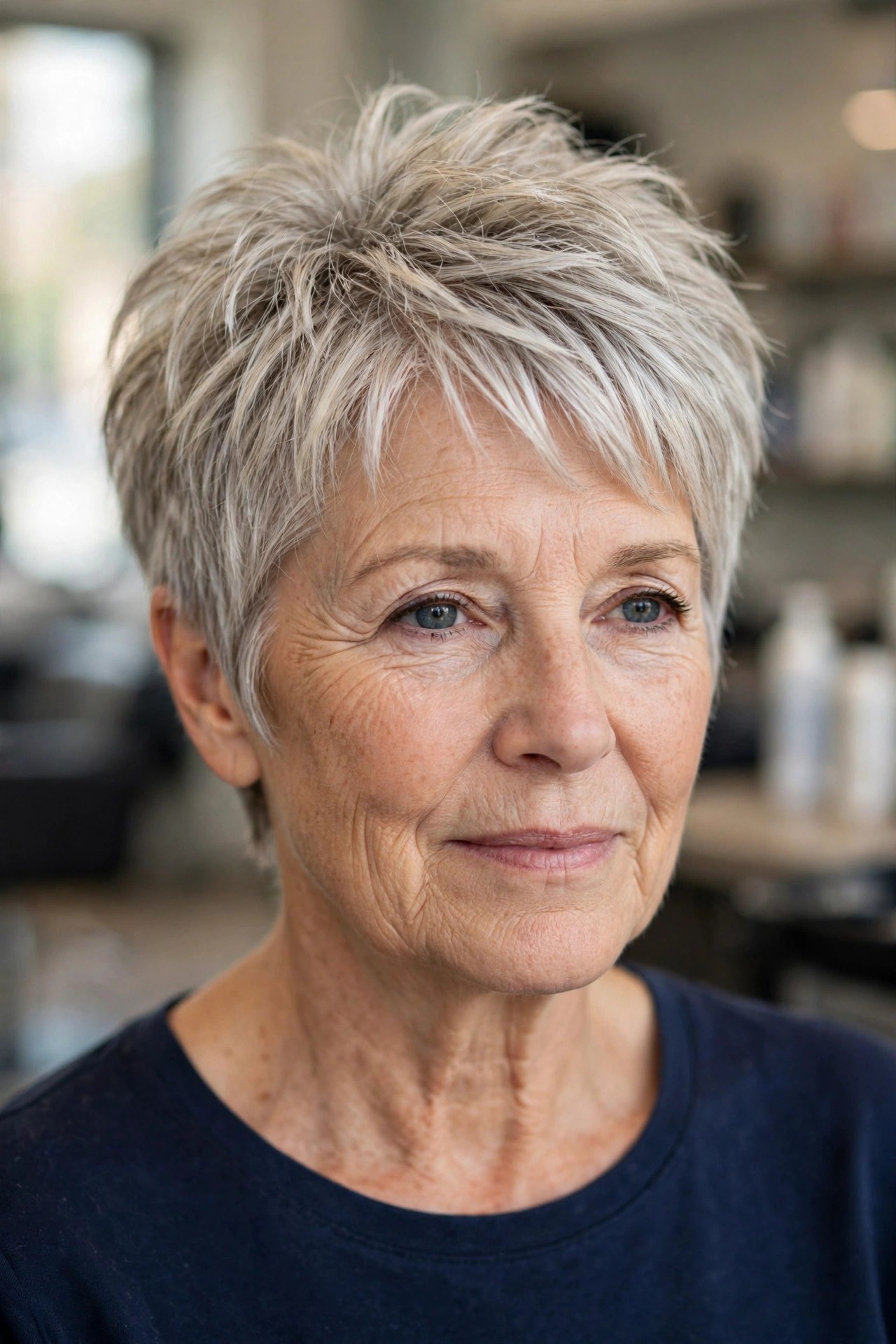 Layered pixie haircut with crown lift on a woman over 50