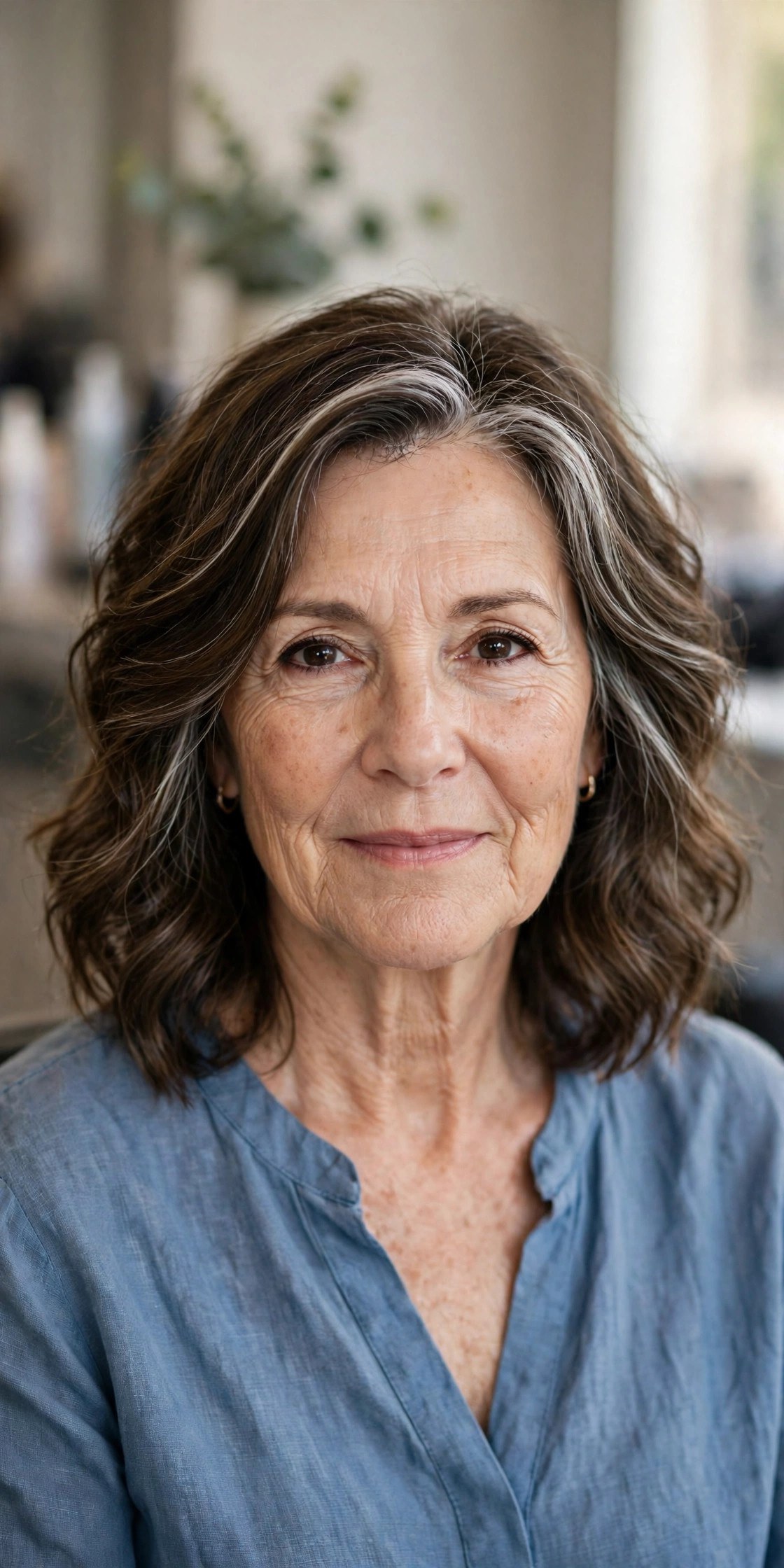 Wavy layered shoulder-length haircut on a woman over 50