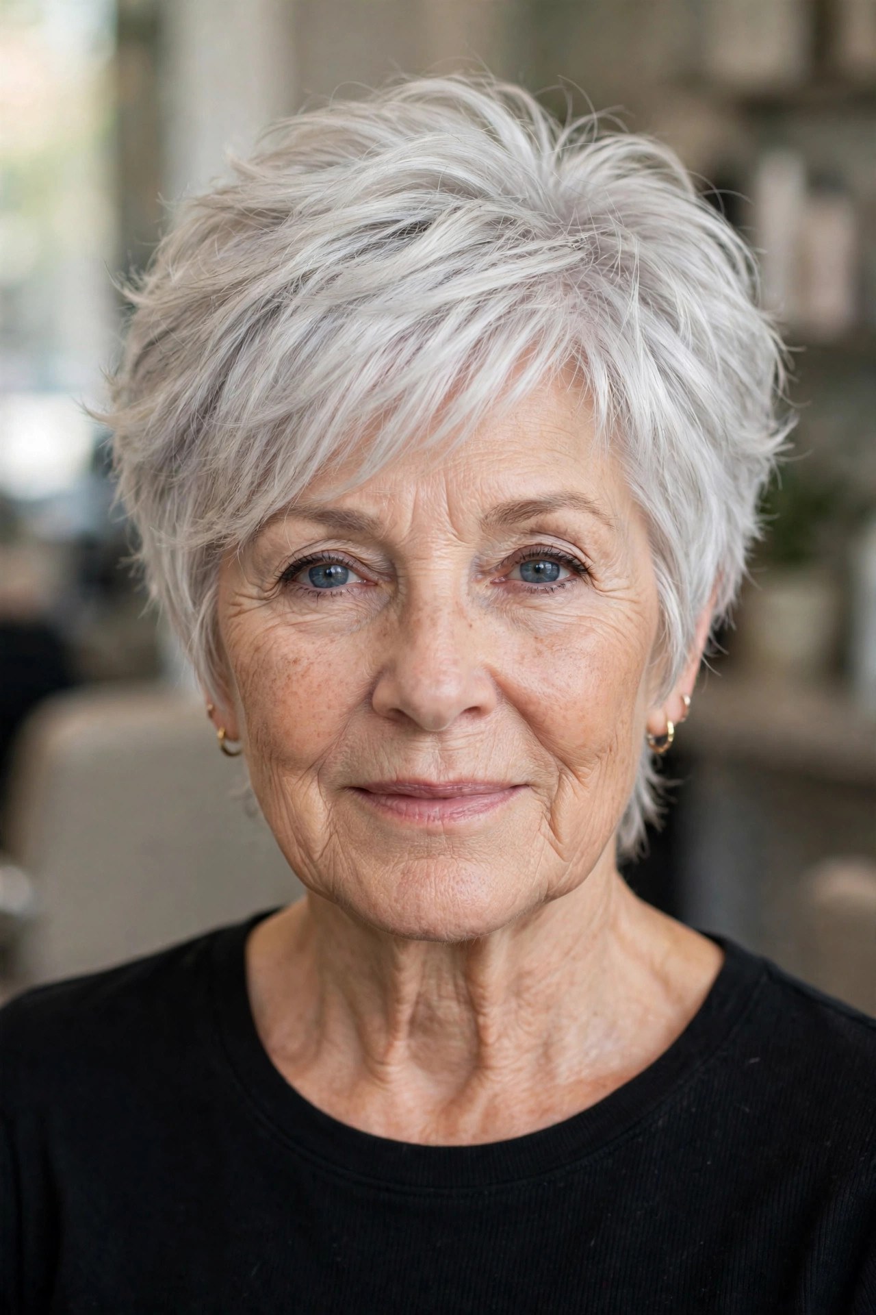 Layered bixie haircut in platinum silver on a woman over 50