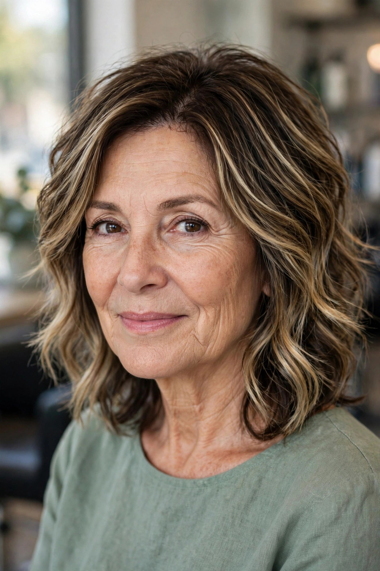 Textured layered lob with balayage on a woman over 50