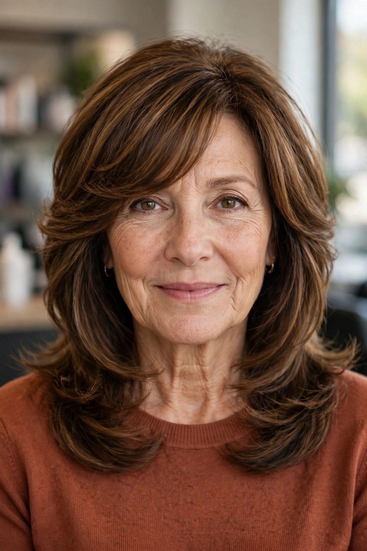 Layered haircut with side-swept bangs on a woman over 50