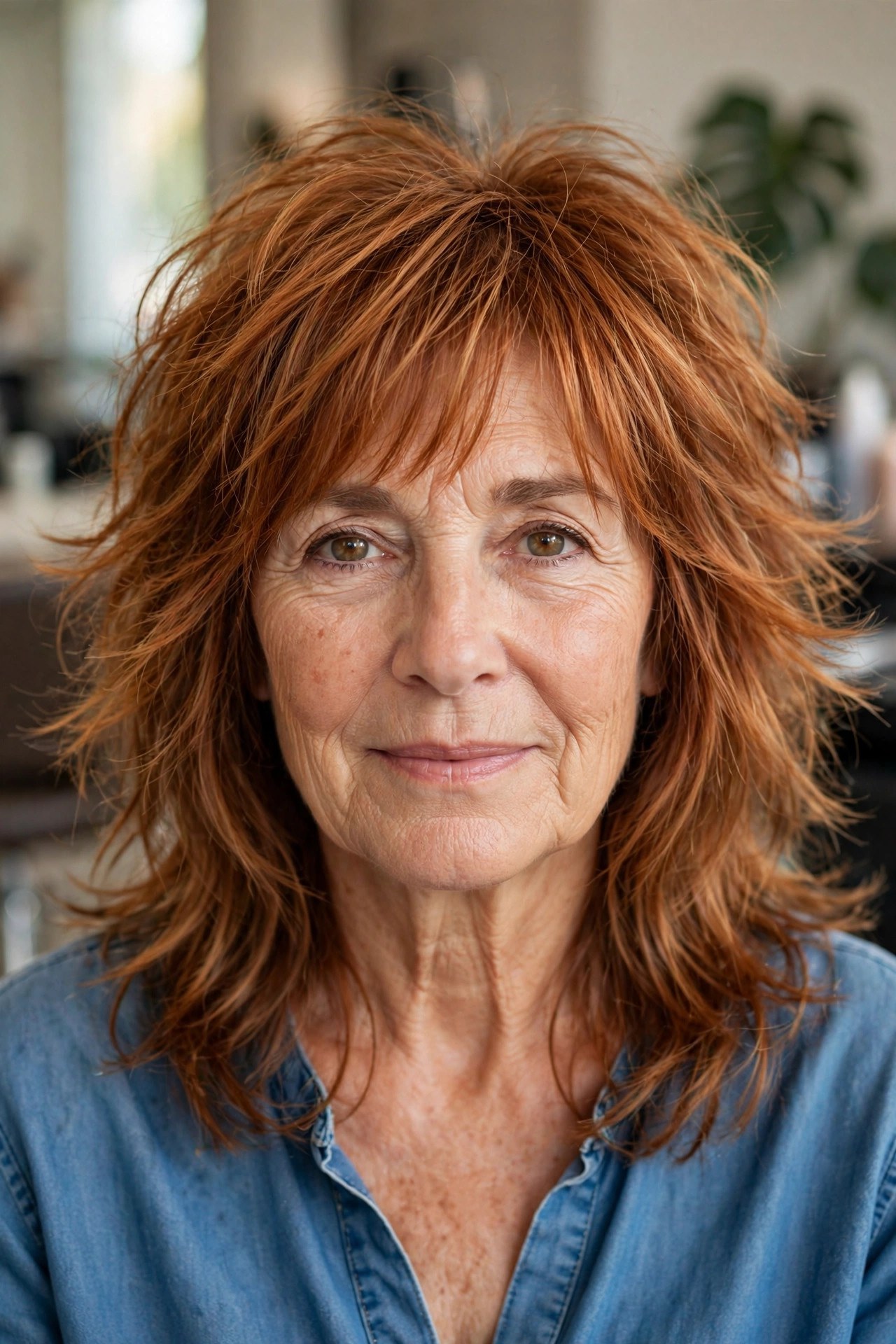 Razor-cut layered shag haircut on a woman over 50