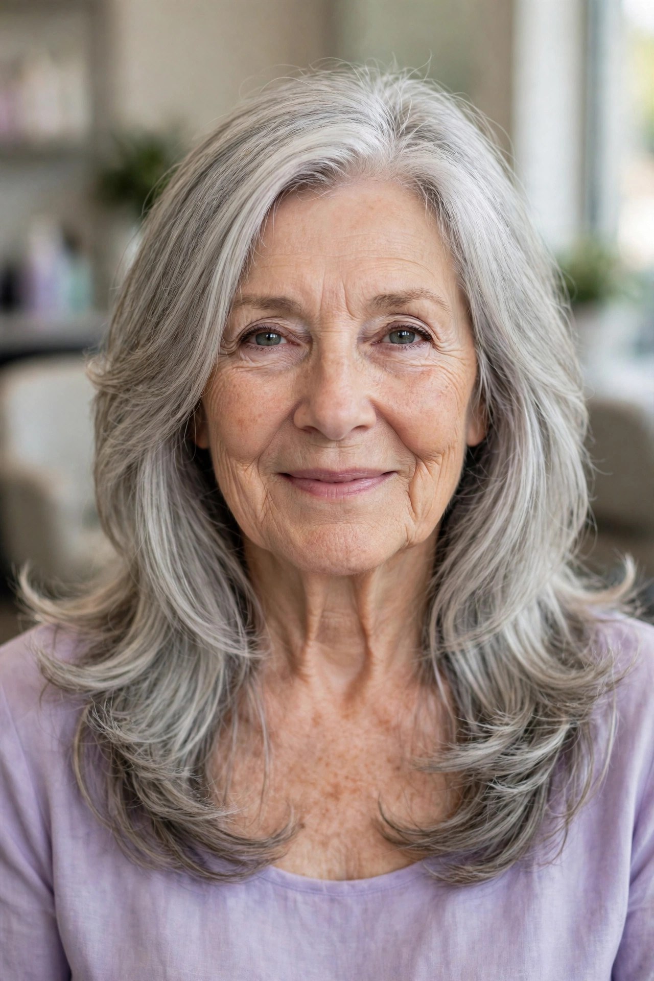Long layered haircut with feathered silver ends on a woman over 50
