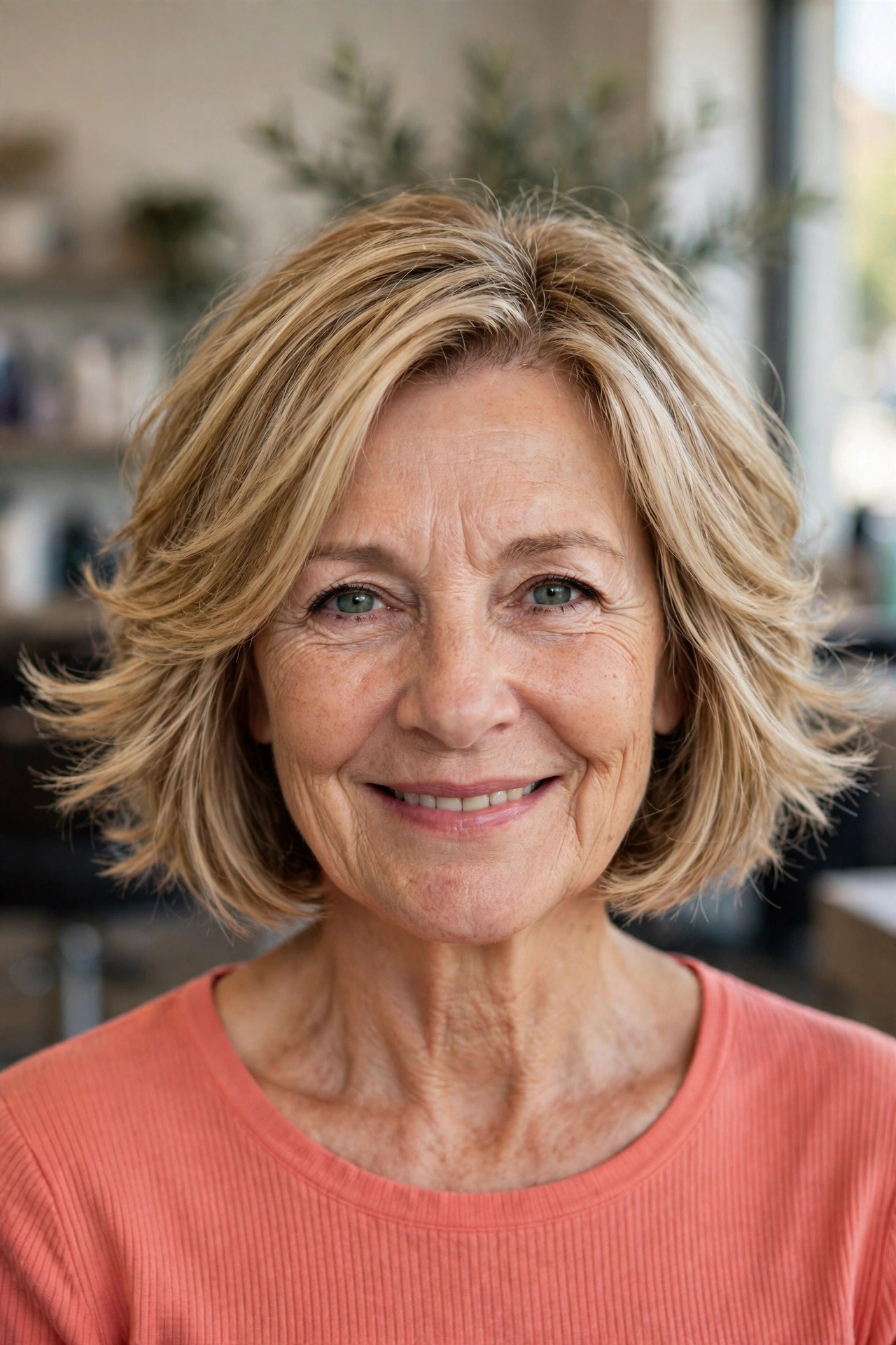 Layered bob with flipped ends on a woman over 50