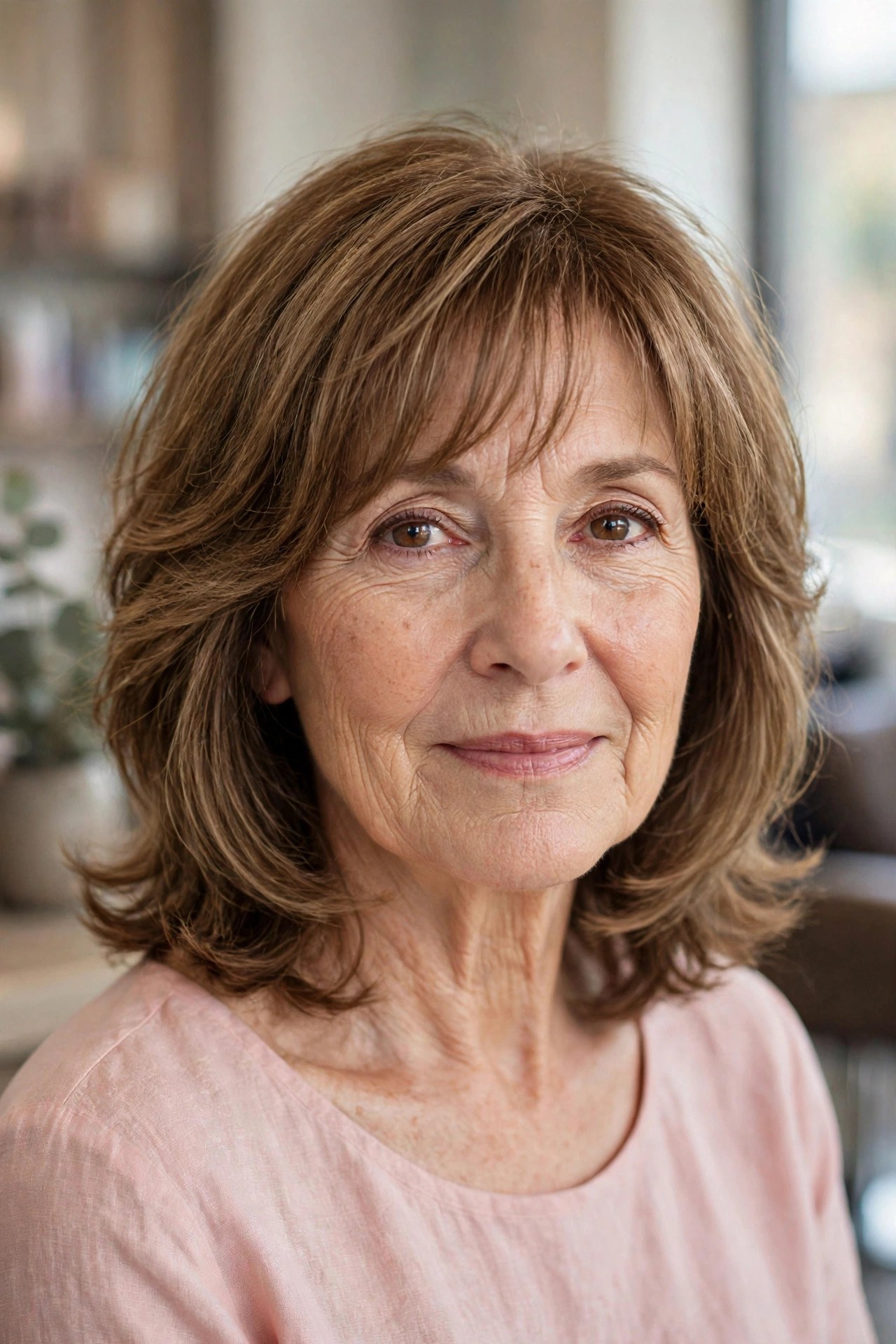 Soft layered midi haircut with wispy bangs on a woman over 50