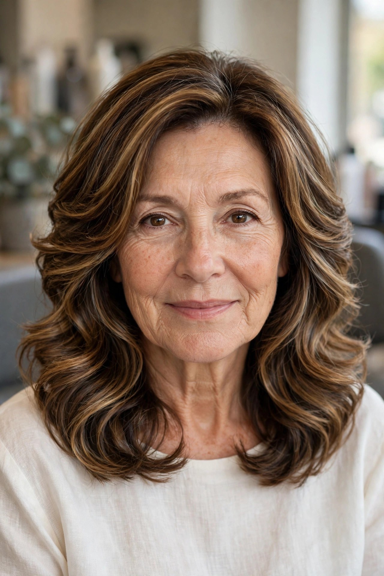Bouncy layered collarbone haircut with waves on a woman over 50