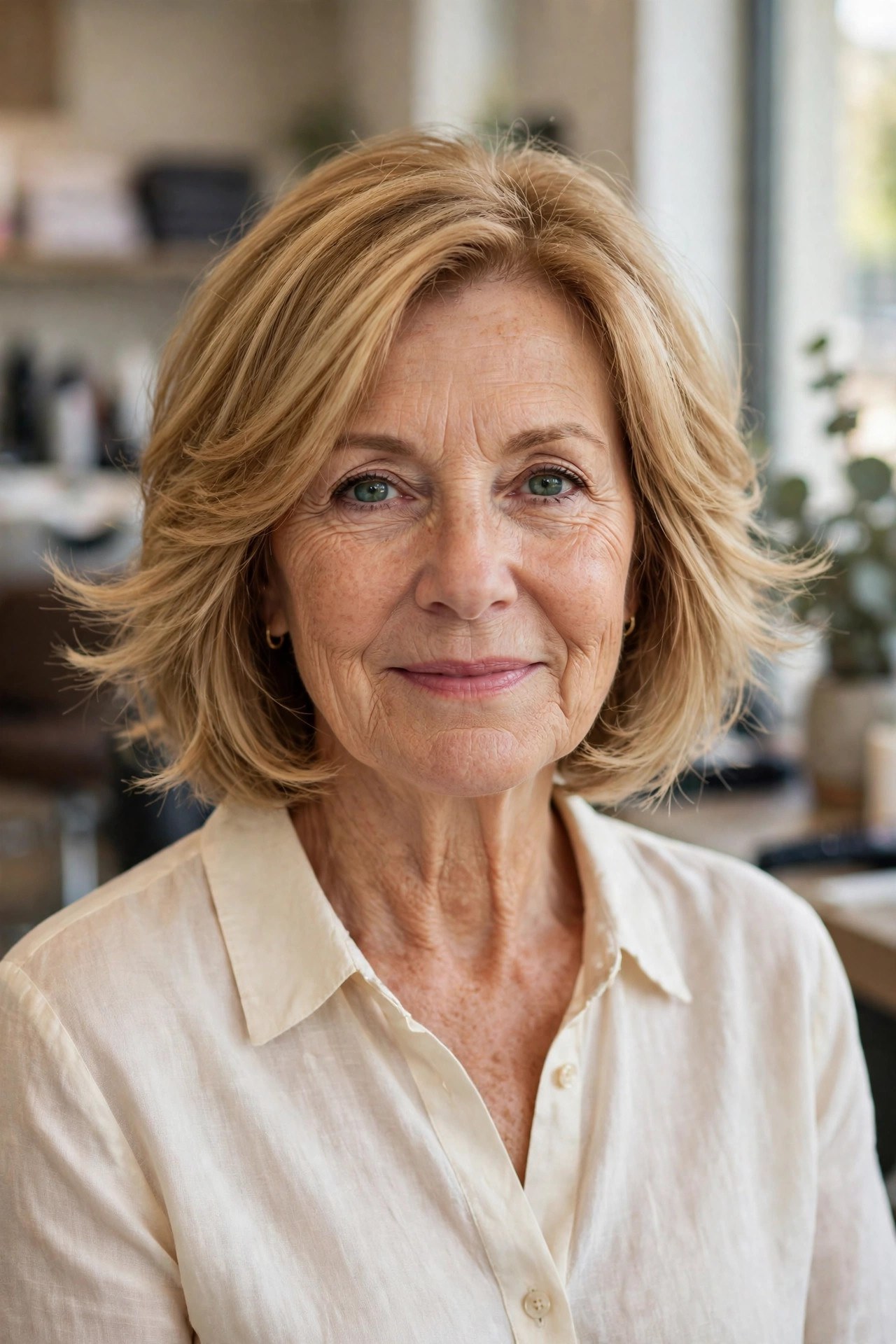 Feathered layered bob with bouncy ends on a woman over 50