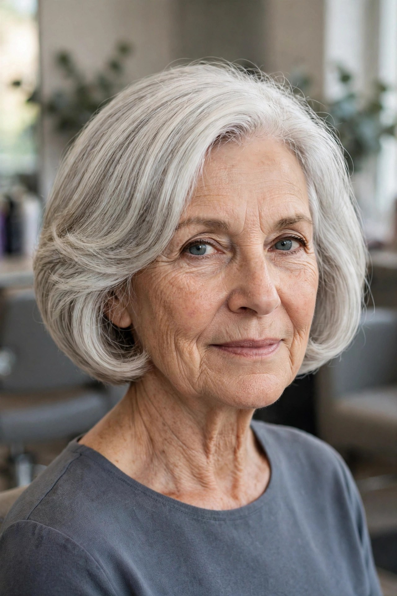 Rounded layered silver bob on a woman over 50