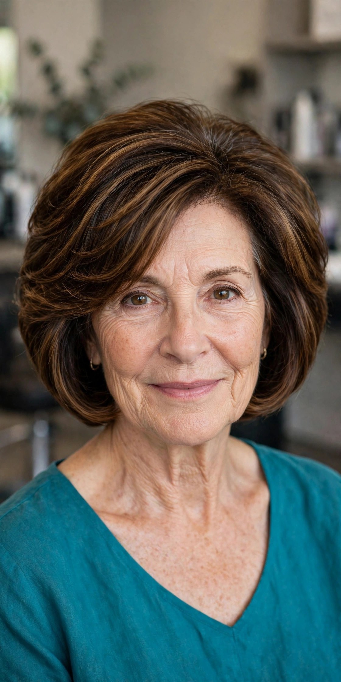 Stacked layered bob with rounded shape on a woman over 50