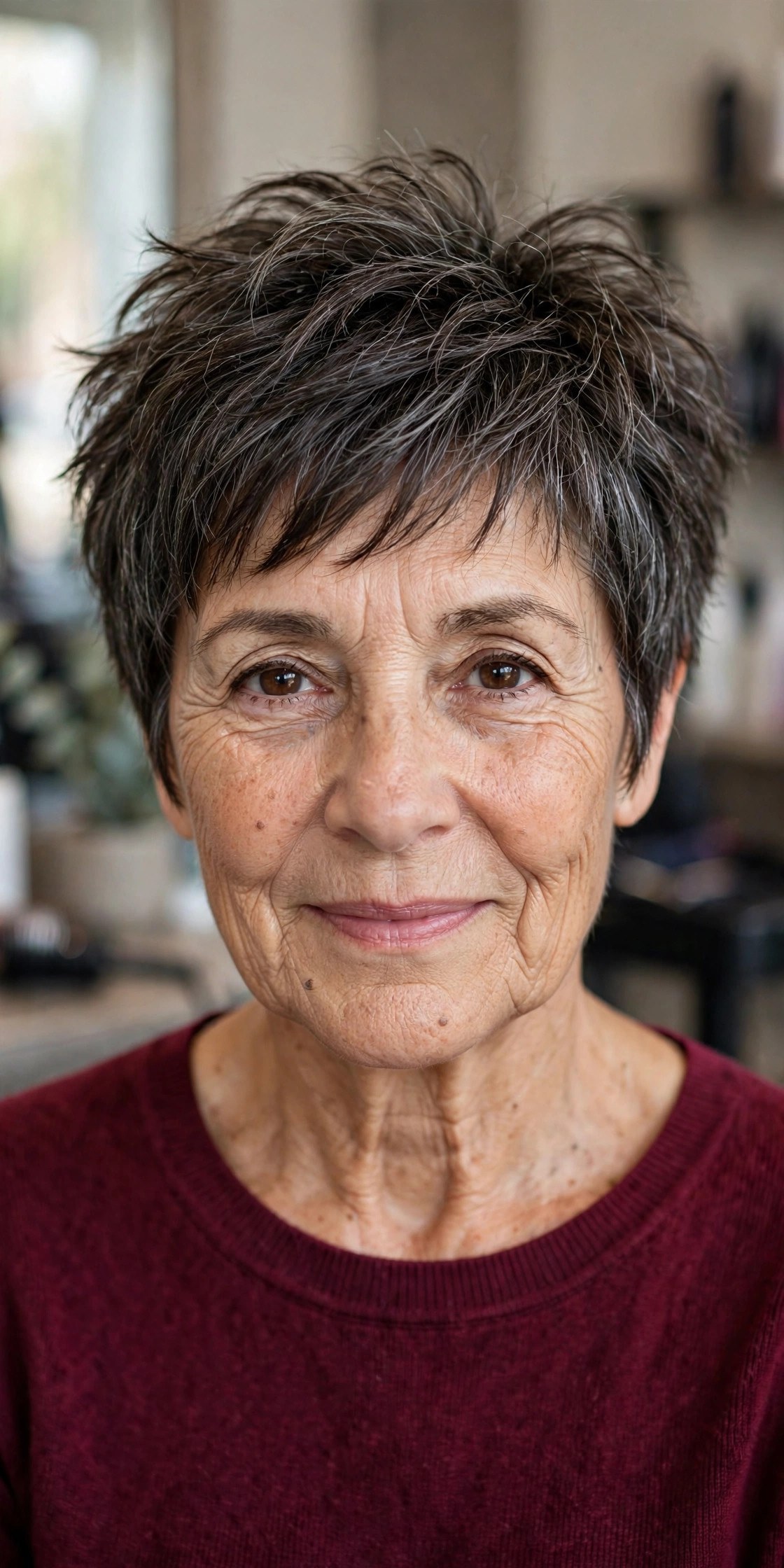 Choppy layered crop haircut on a woman over 50