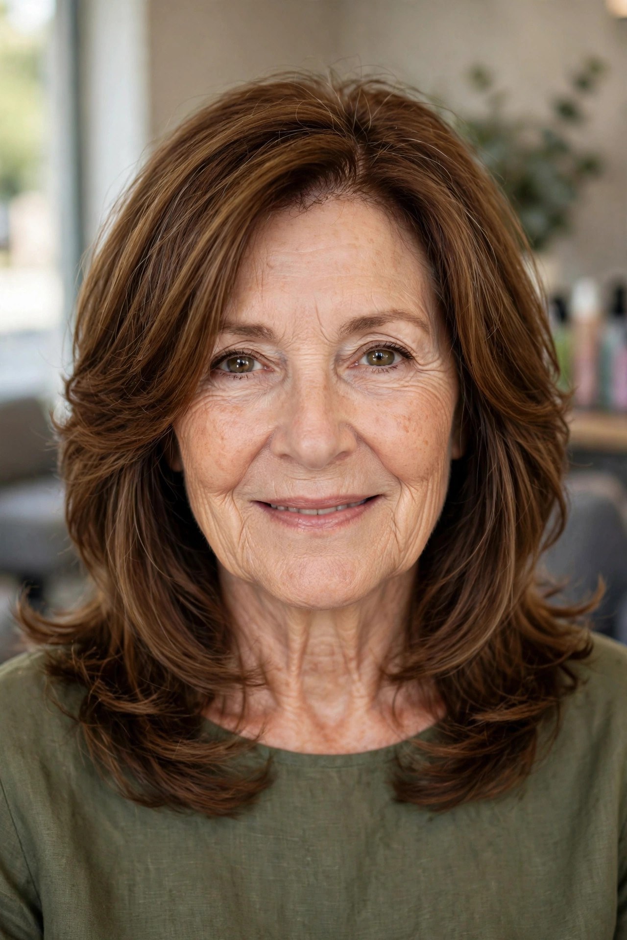 Layered lob with face-framing layers on a woman over 50