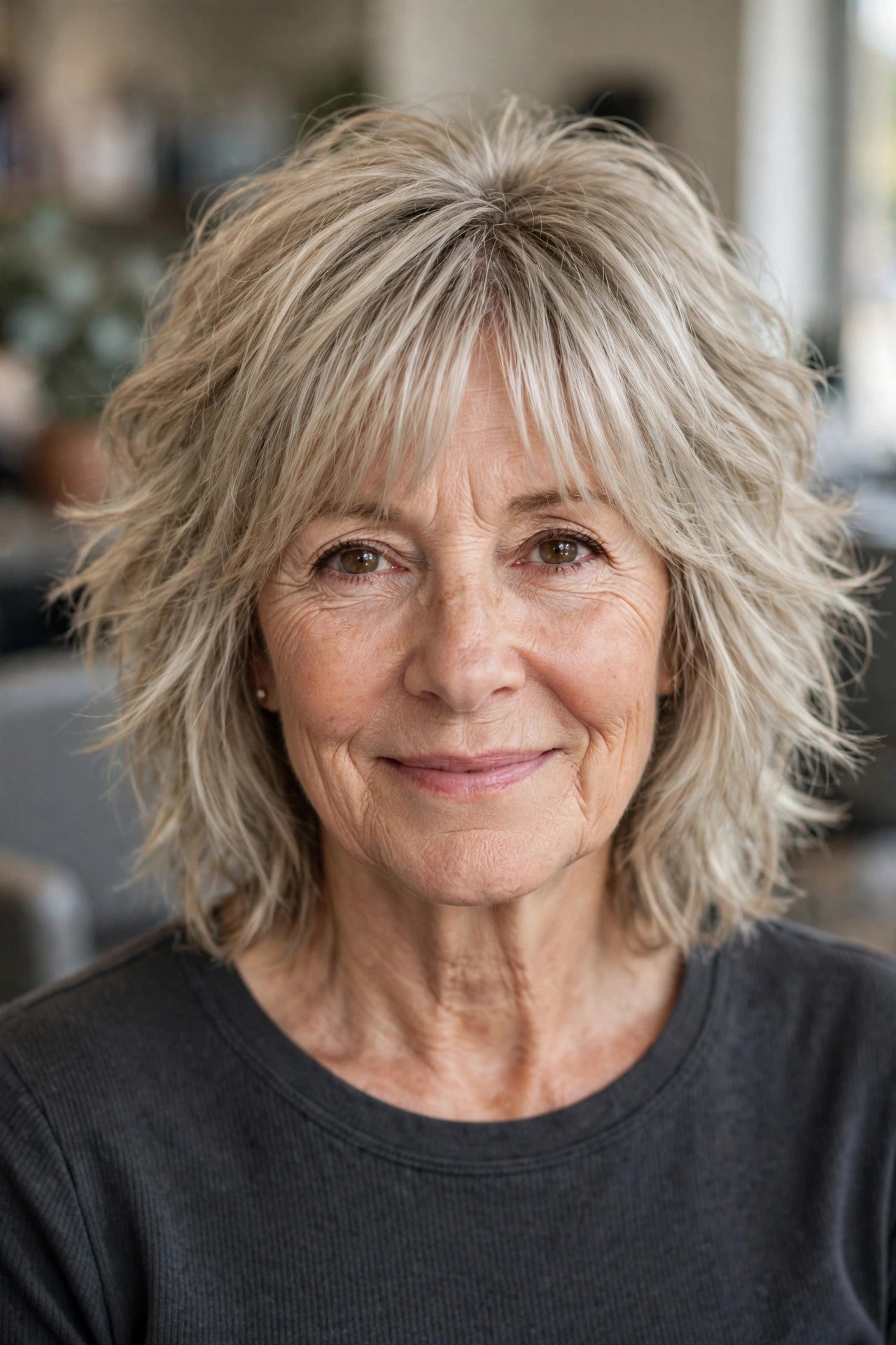 Shaggy layered midi haircut with curtain bangs on a woman over 50