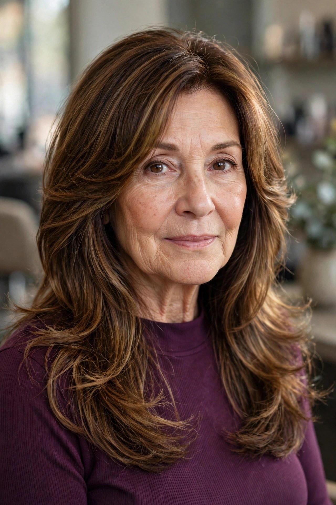 Long layered haircut with curtain framing on a woman over 50