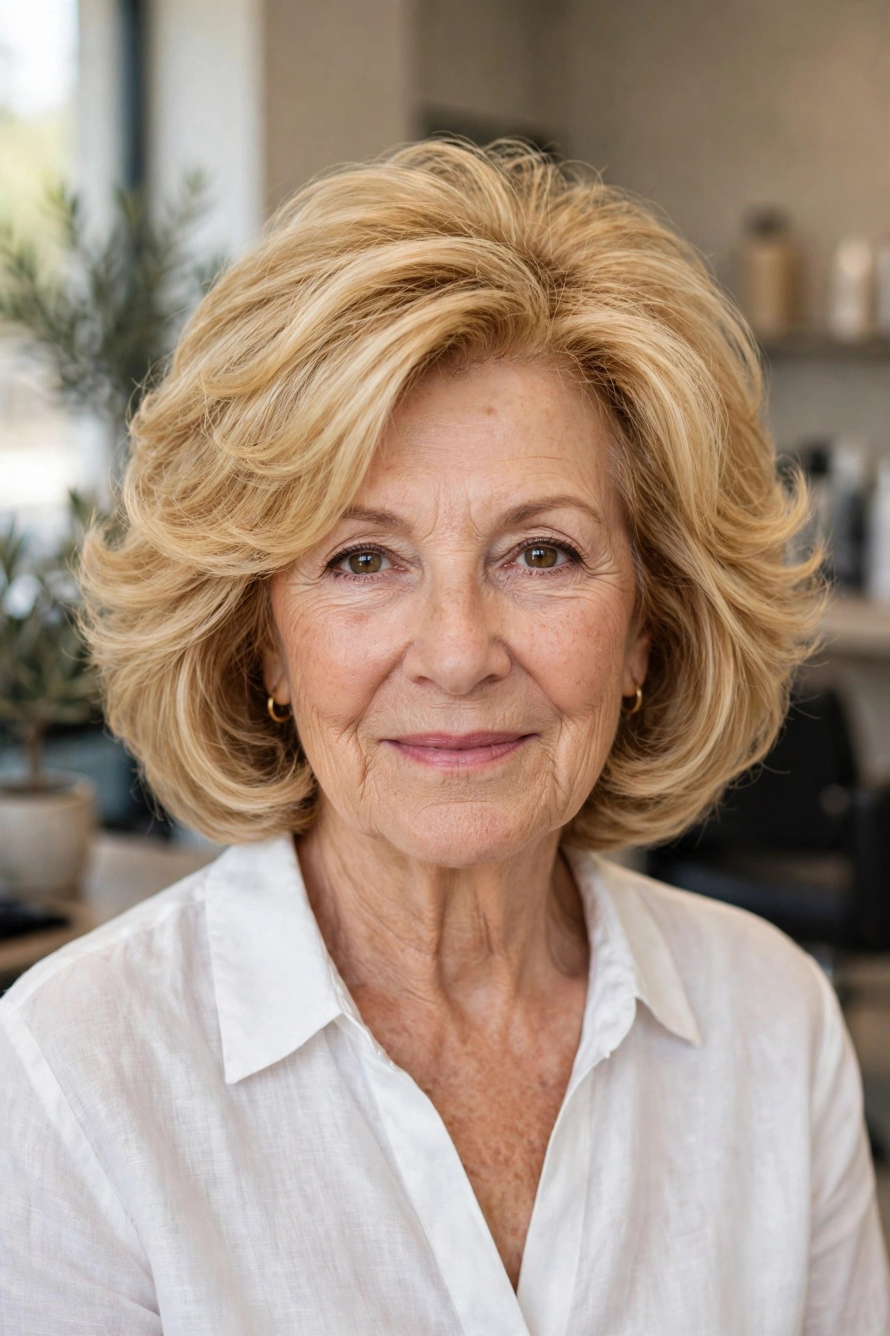 Voluminous layered blowout bob on a woman over 50