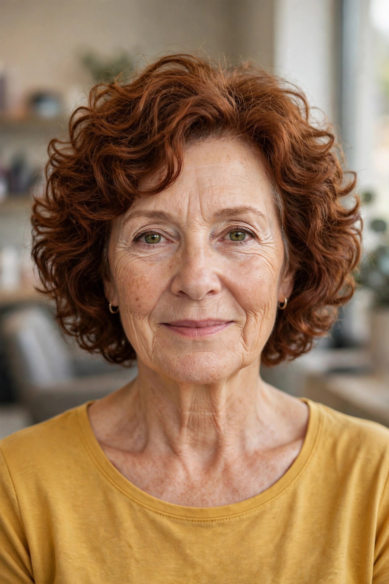 Curly layered bob with springy curls on a woman over 50